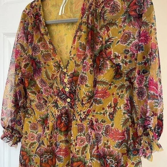 Anthropologie Gretchen Yellow Mesh Floral Print Smocked Top Blouse - Picture 7 of 9